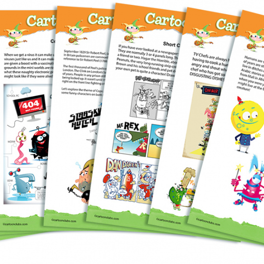 Seven theme/idea sheets for your cartoon club or lesson. When you buy, a link to download all as a single PDF will automatically be emailed to you. Click to enlarge.